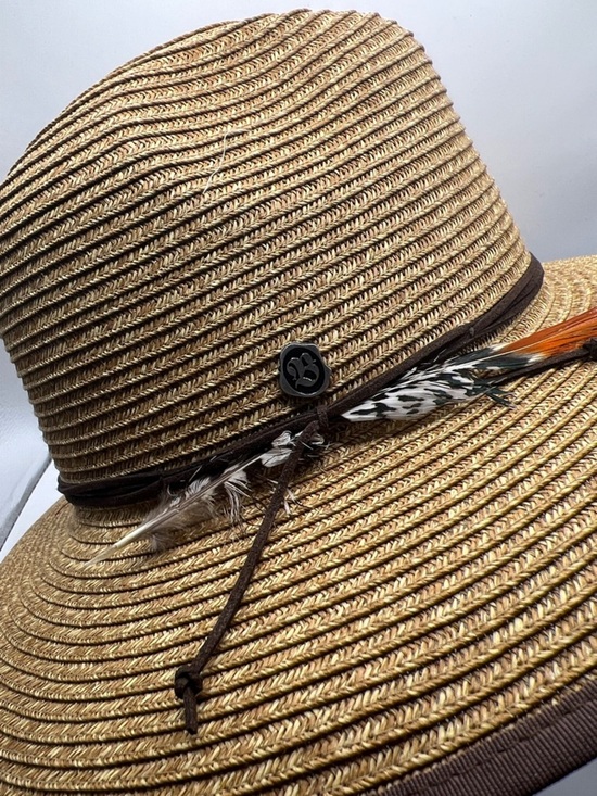 345. NWT. Vintage Couture Woven Straw Sun Hat with Feather Accent - Natural main image 6